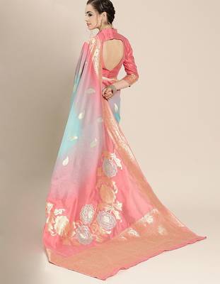 Pink pink & blue ethnic motifs woven design zari banarasi saree 1