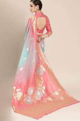 Pink pink & blue ethnic motifs woven design zari banarasi saree