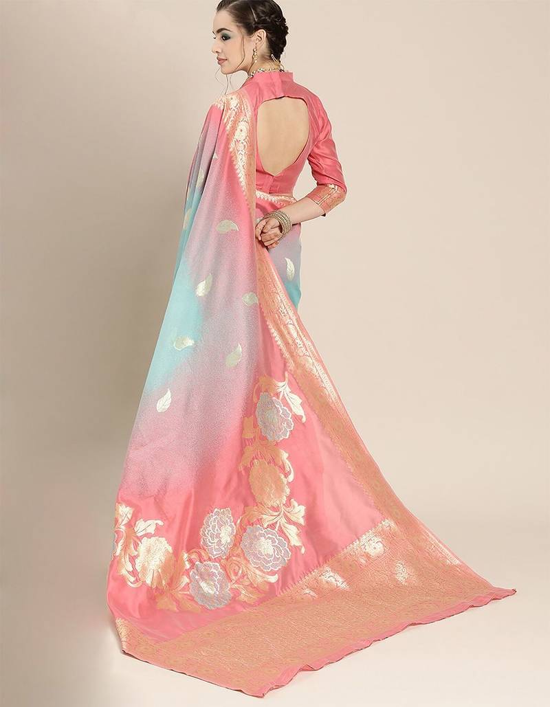 Pink pink & blue ethnic motifs woven design zari banarasi saree