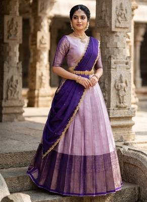 South Indian Style Semi-Stitched Half Saree with Blouse and Dupatta 3