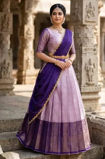 South Indian Style Semi-Stitched Half Saree with Blouse and Dupatta
