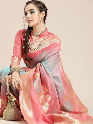 Pink pink & blue ethnic motifs woven design zari banarasi saree 2