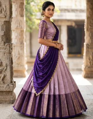 South Indian Style Semi-Stitched Half Saree with Blouse and Dupatta 4