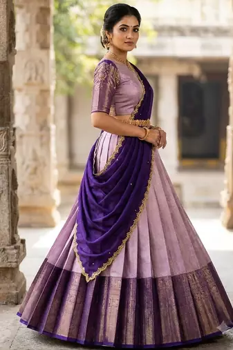 South Indian Style Semi-Stitched Half Saree with Blouse and Dupatta