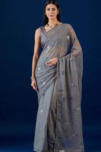 Grey grey floral embroidered sequence  chiffon saree