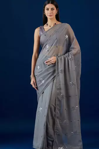 Grey grey floral embroidered sequence  chiffon saree