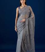 Grey grey floral embroidered sequence  chiffon saree