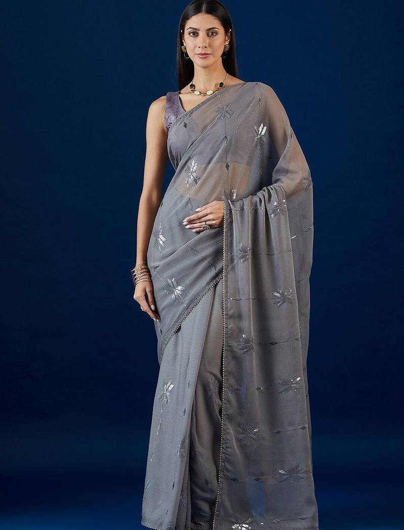 Grey grey floral embroidered sequence  chiffon saree