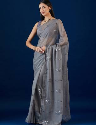 Grey grey floral embroidered sequence  chiffon saree 2