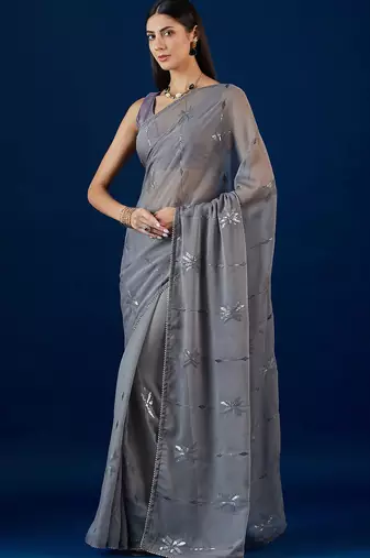 Grey grey floral embroidered sequence  chiffon saree