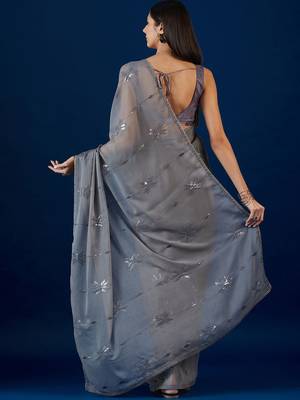 Grey grey floral embroidered sequence  chiffon saree 3
