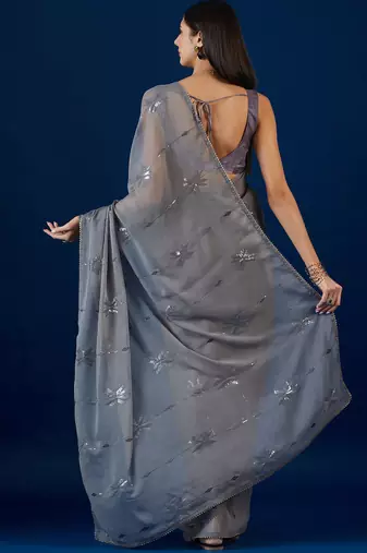 Grey grey floral embroidered sequence  chiffon saree