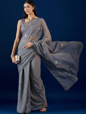 Grey grey floral embroidered sequence  chiffon saree 4