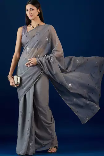 Grey grey floral embroidered sequence  chiffon saree