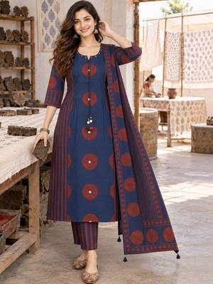 women printed regular  cotton kurta with trousers & with dupatta 1