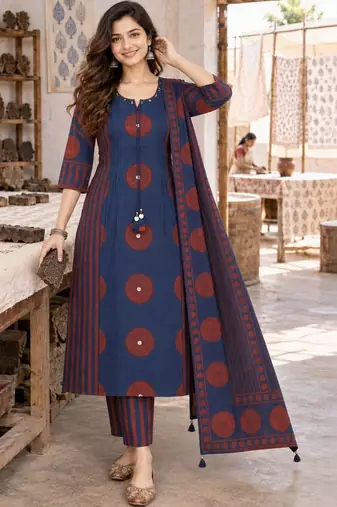 women printed regular  cotton kurta with trousers & with dupatta