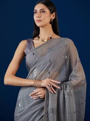 Grey grey floral embroidered sequence  chiffon saree 5
