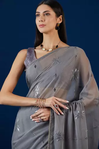Grey grey floral embroidered sequence  chiffon saree