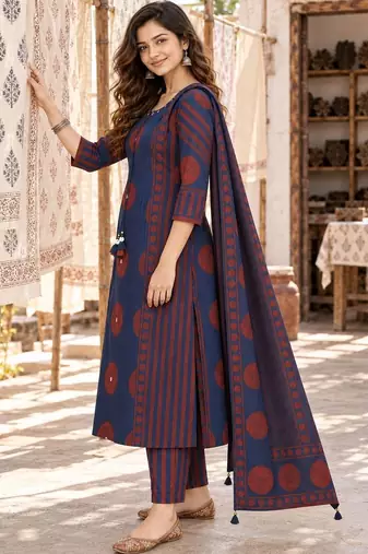 women printed regular  cotton kurta with trousers & with dupatta