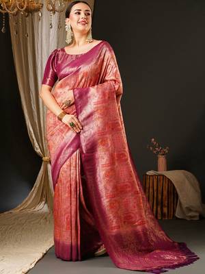 Pink pink & purple ethnic motifs woven design zari kanjeevaram saree 1