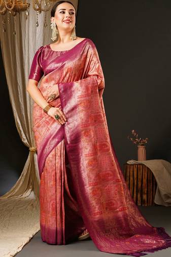 Pink pink & purple ethnic motifs woven design zari kanjeevaram saree