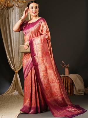Pink pink & purple ethnic motifs woven design zari kanjeevaram saree 2