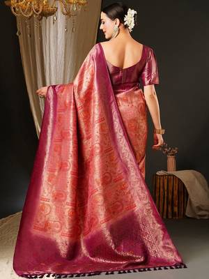 Pink pink & purple ethnic motifs woven design zari kanjeevaram saree 3