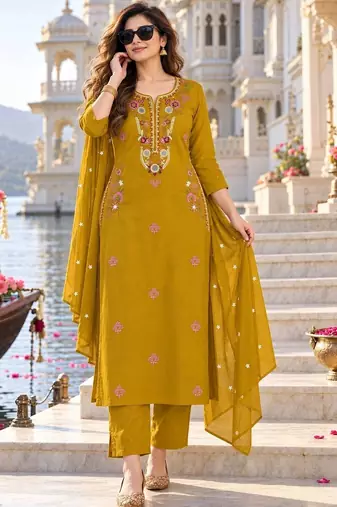 women ethnic motifs embroidered regular mirror work  cotton kurta with trousers & with