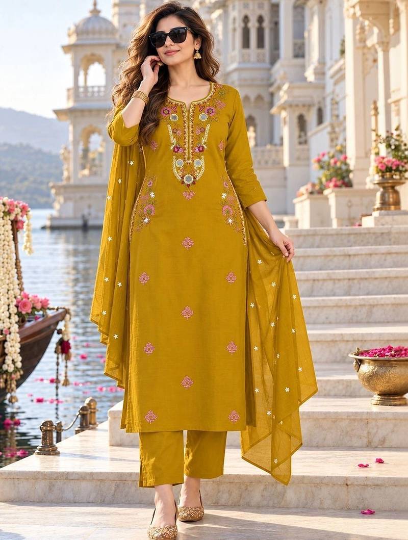 women ethnic motifs embroidered regular mirror work  cotton kurta with trousers & with