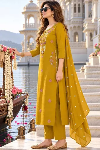 women ethnic motifs embroidered regular mirror work  cotton kurta with trousers & with