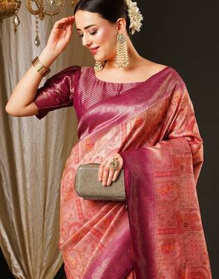 Pink pink & purple ethnic motifs woven design zari kanjeevaram saree 4