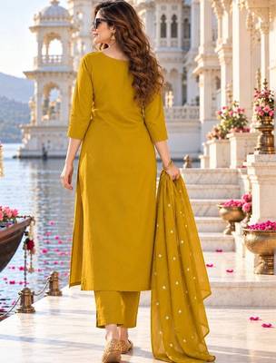 women ethnic motifs embroidered regular mirror work  cotton kurta with trousers & with 3