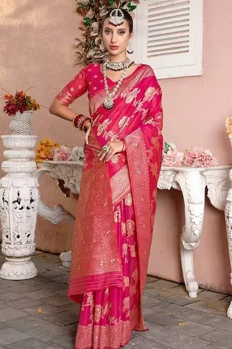 Pink woven design zari organza saree