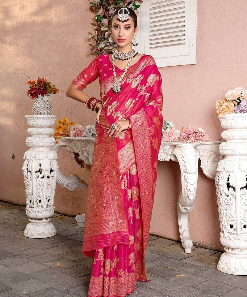 Pink woven design zari organza saree