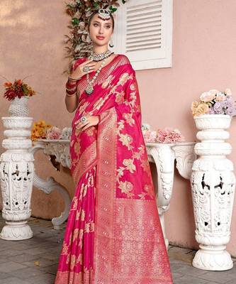 Pink woven design zari organza saree 2