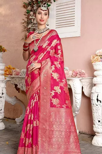 Pink woven design zari organza saree