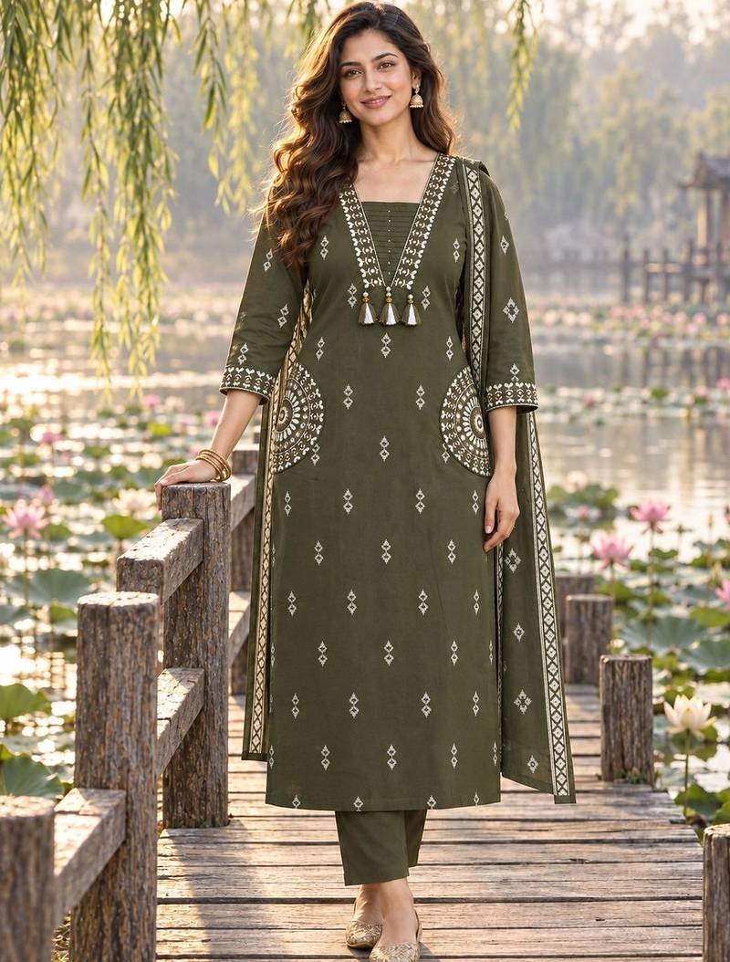 women ethnic motifs embroidered regular thread work  cotton kurta with trousers & with