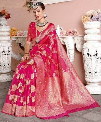 Pink woven design zari organza saree 3