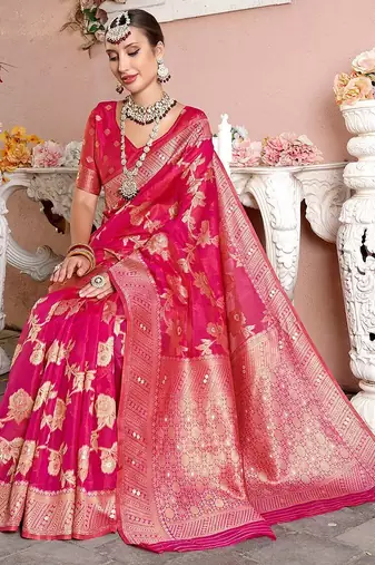 Pink woven design zari organza saree