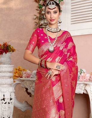 Pink woven design zari organza saree 4