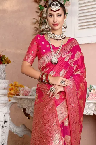 Pink woven design zari organza saree