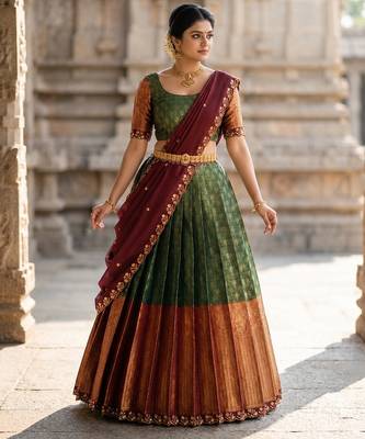 South Indian Style Semi-Stitched Half Saree with Blouse and Dupatta 3