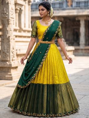 South Indian Style Semi-Stitched Half Saree with Blouse and Dupatta 3