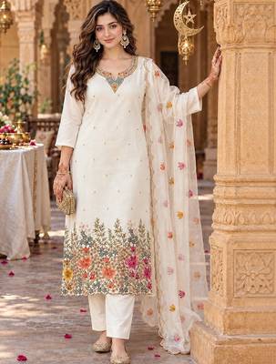 women floral embroidered kurta with trousers & with dupatta 1