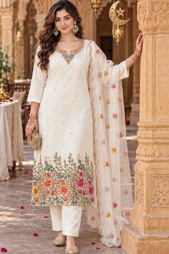 women floral embroidered kurta with trousers & with dupatta