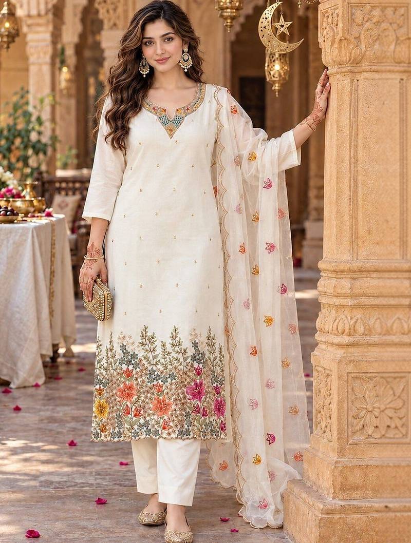 women floral embroidered kurta with trousers & with dupatta