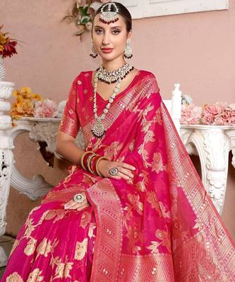 Pink woven design zari organza saree 5