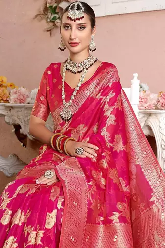 Pink woven design zari organza saree