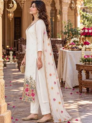 women floral embroidered kurta with trousers & with dupatta 4