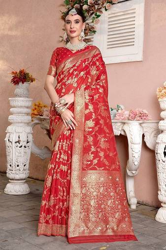 Red red floral woven design zari detailed organza saree